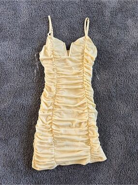 Yellow Ruched Spaghetti Strap Dress